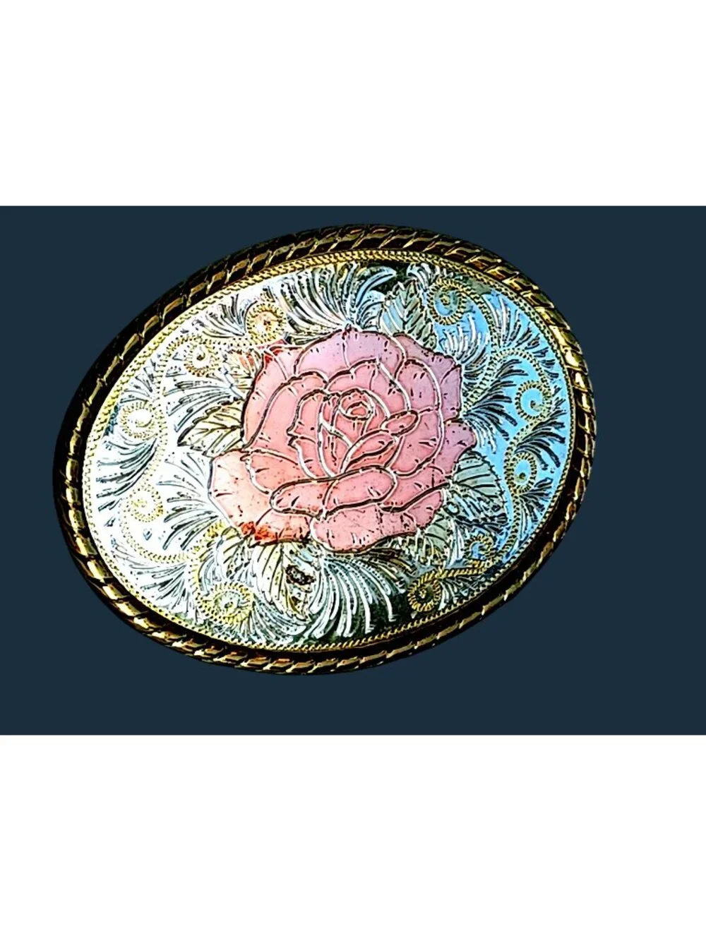 Western Belt Buckle Silver & Gold Rose Flower W Logo Made in USA Oval Womens